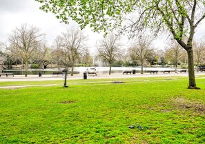 Ein Park mit grünem Gras, Bäumen, Bänken und einem Brunnen.