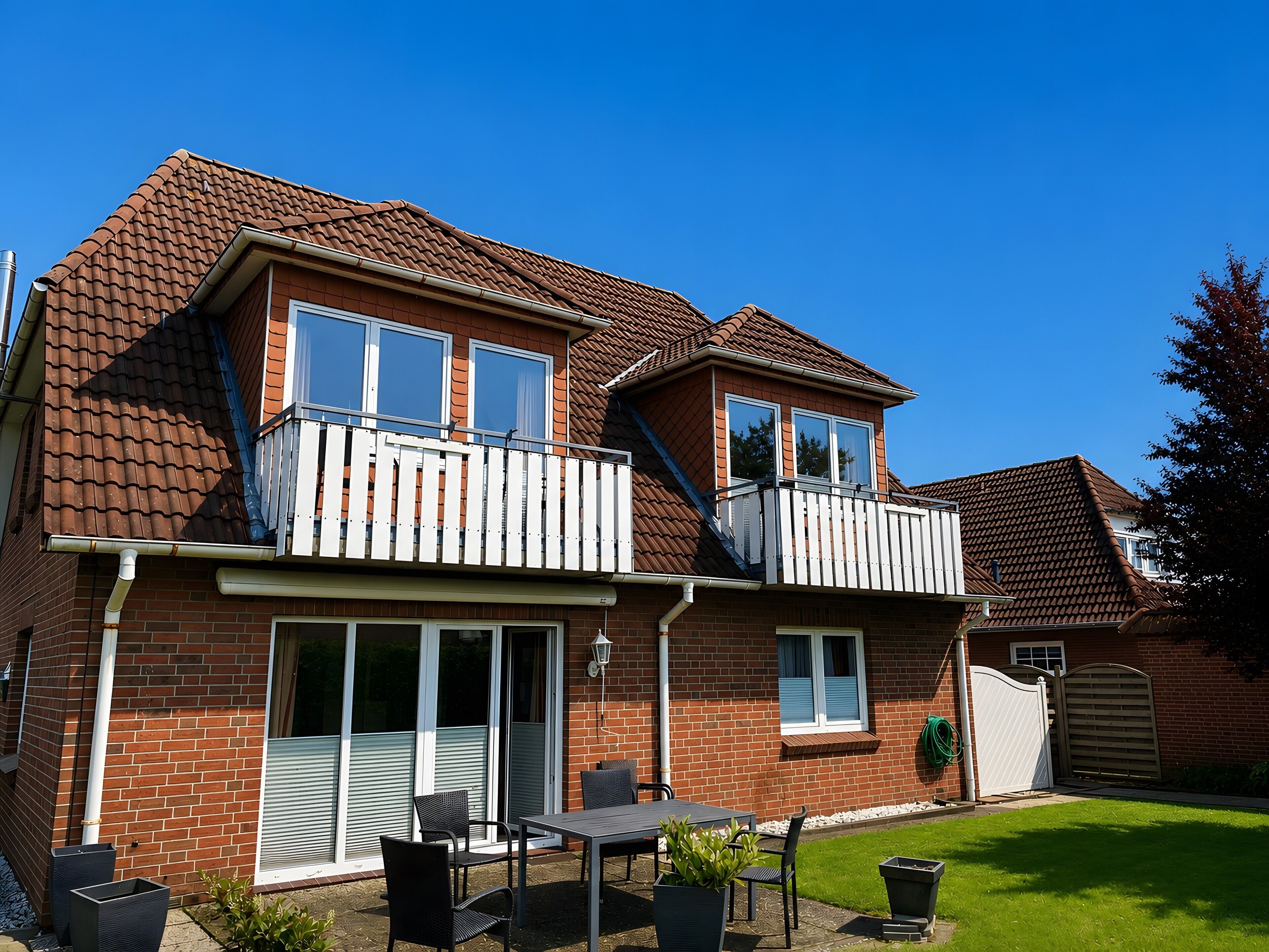 Une maison à deux étages dotée d’un balcon, d’une terrasse avec des meubles d’extérieur et d’une pelouse bien entretenue.