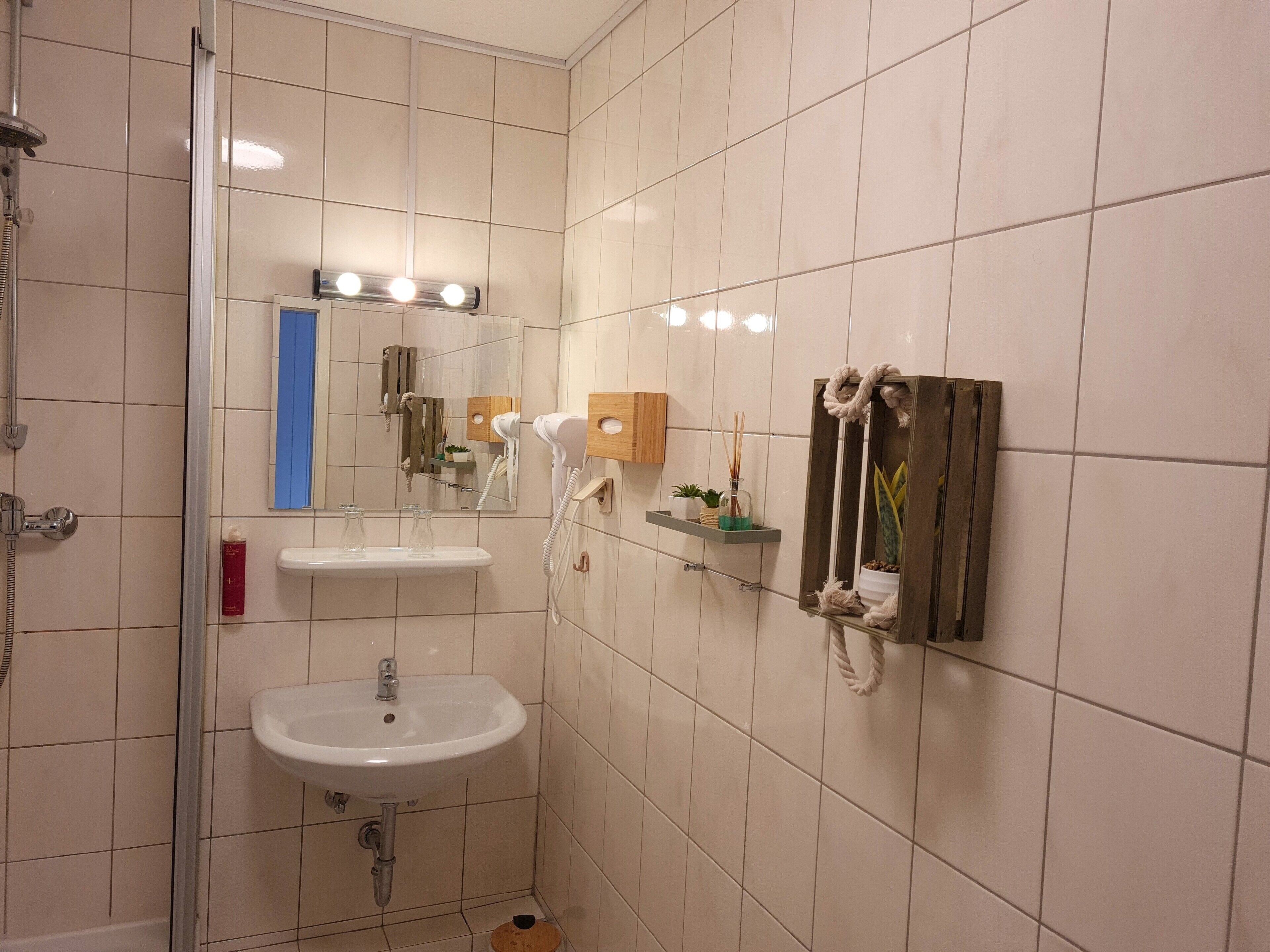 Shower, hair dryer, towels