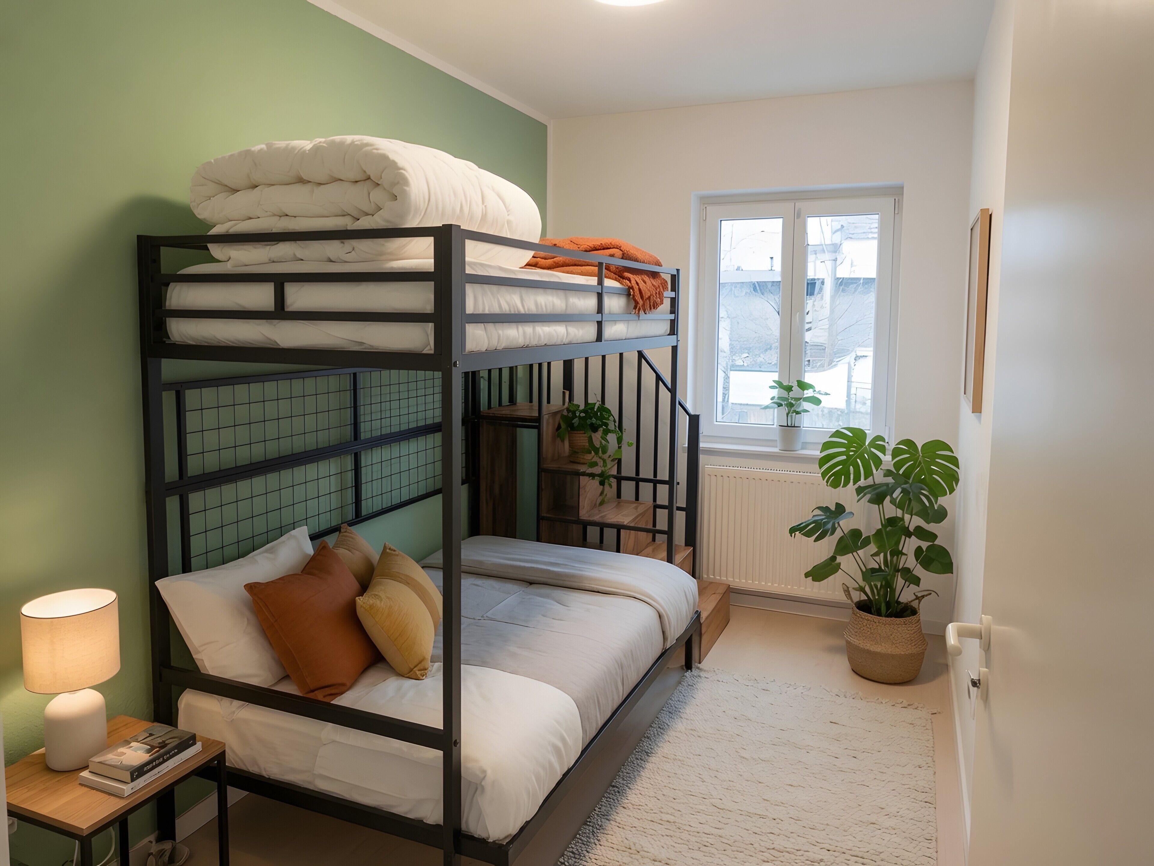 Habitación con literas, una mesita de noche con lámpara y una planta en maceta.