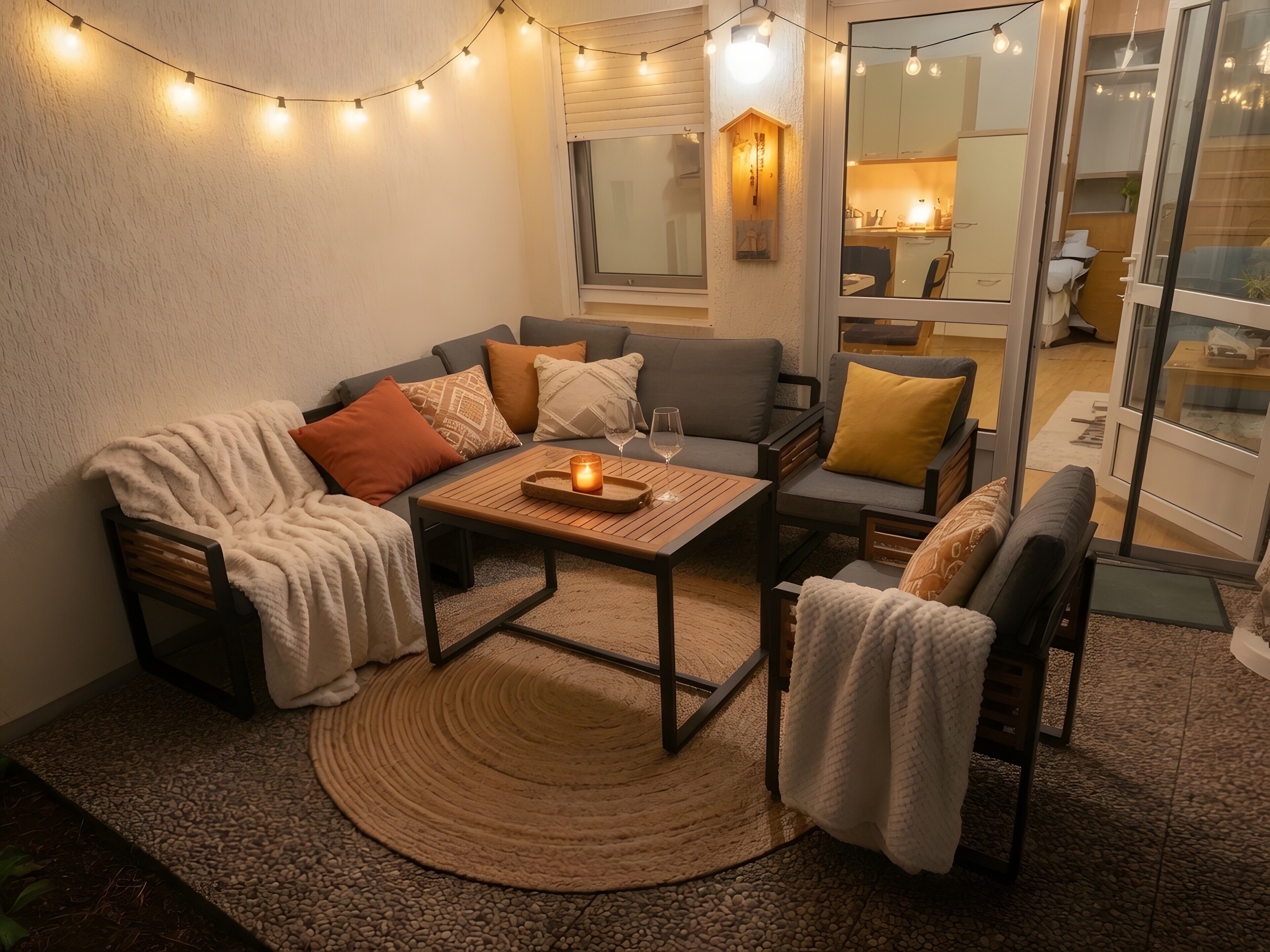 Un espace extérieur accueillant avec une table en bois, des coussins et une bougie.