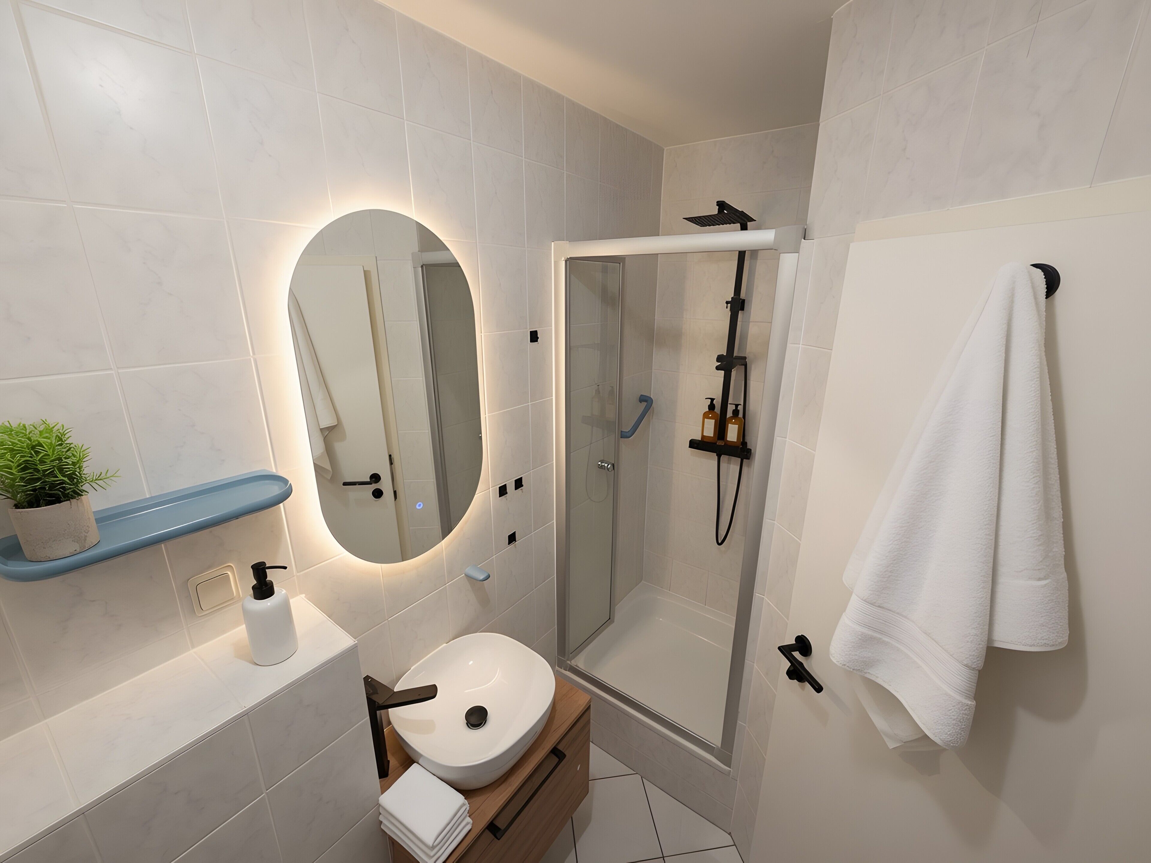 A modern bathroom with a glass-enclosed shower, a round mirror, a white sink, and a blue shelf with a plant.