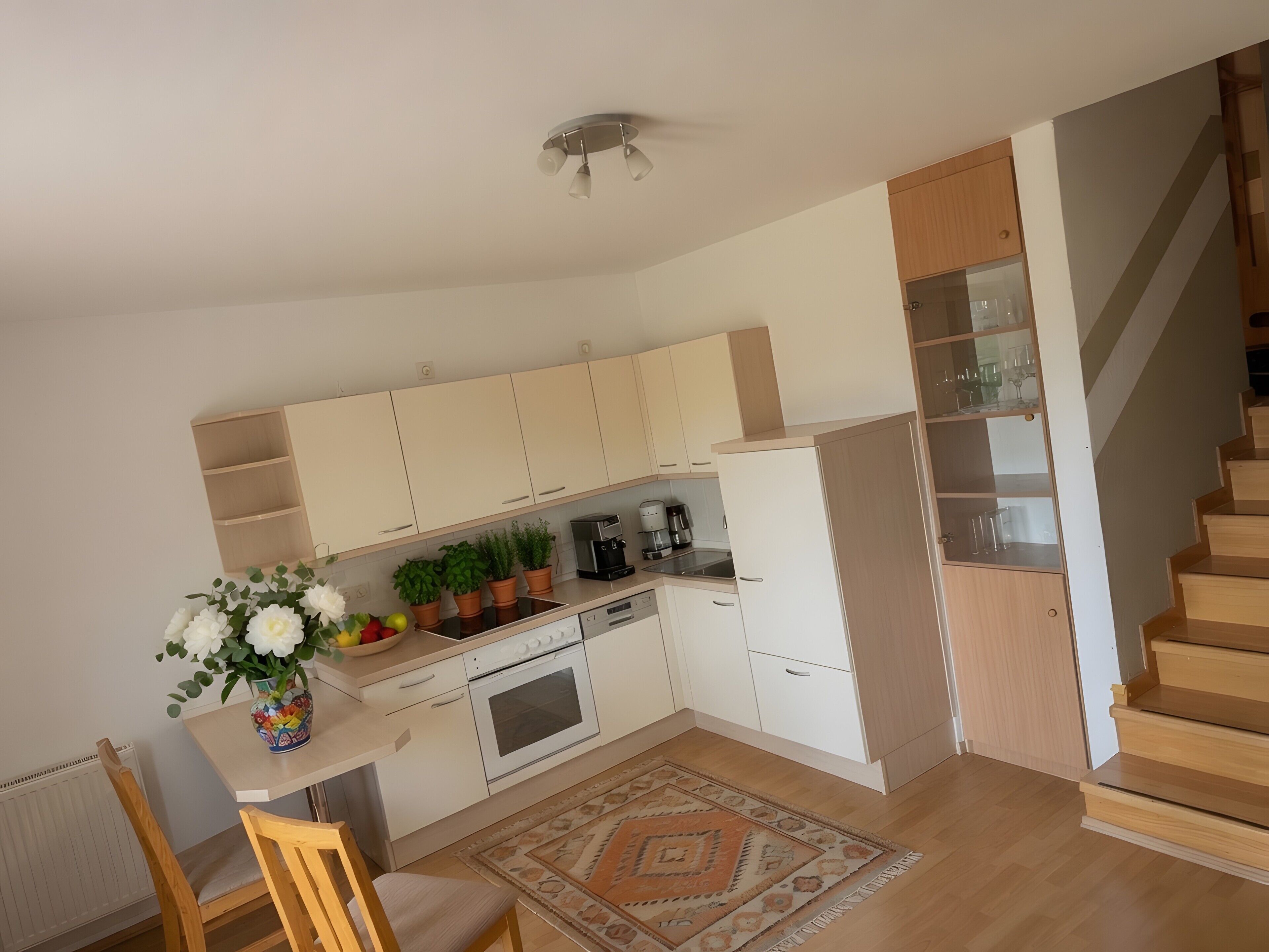 Coffee/tea maker, fridge, microwave, oven