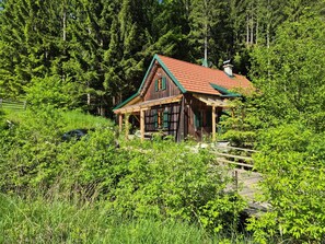 A wooden cabin with a red roof, surrounded by dense greenery and trees.