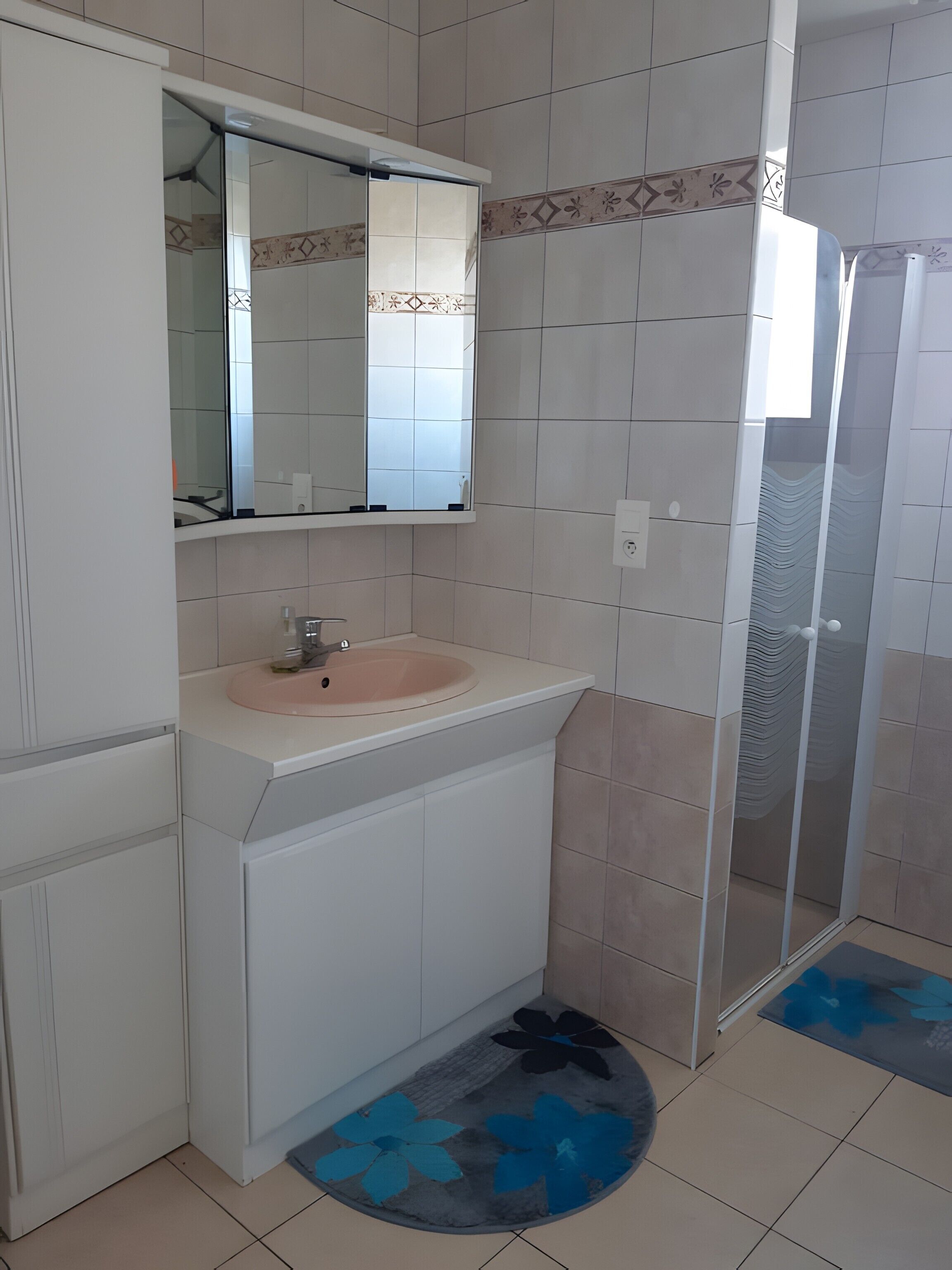 A bathroom with a sink, mirror, and shower.