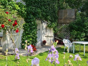 A garden with a white wall, a wooden fence, and a white chair.