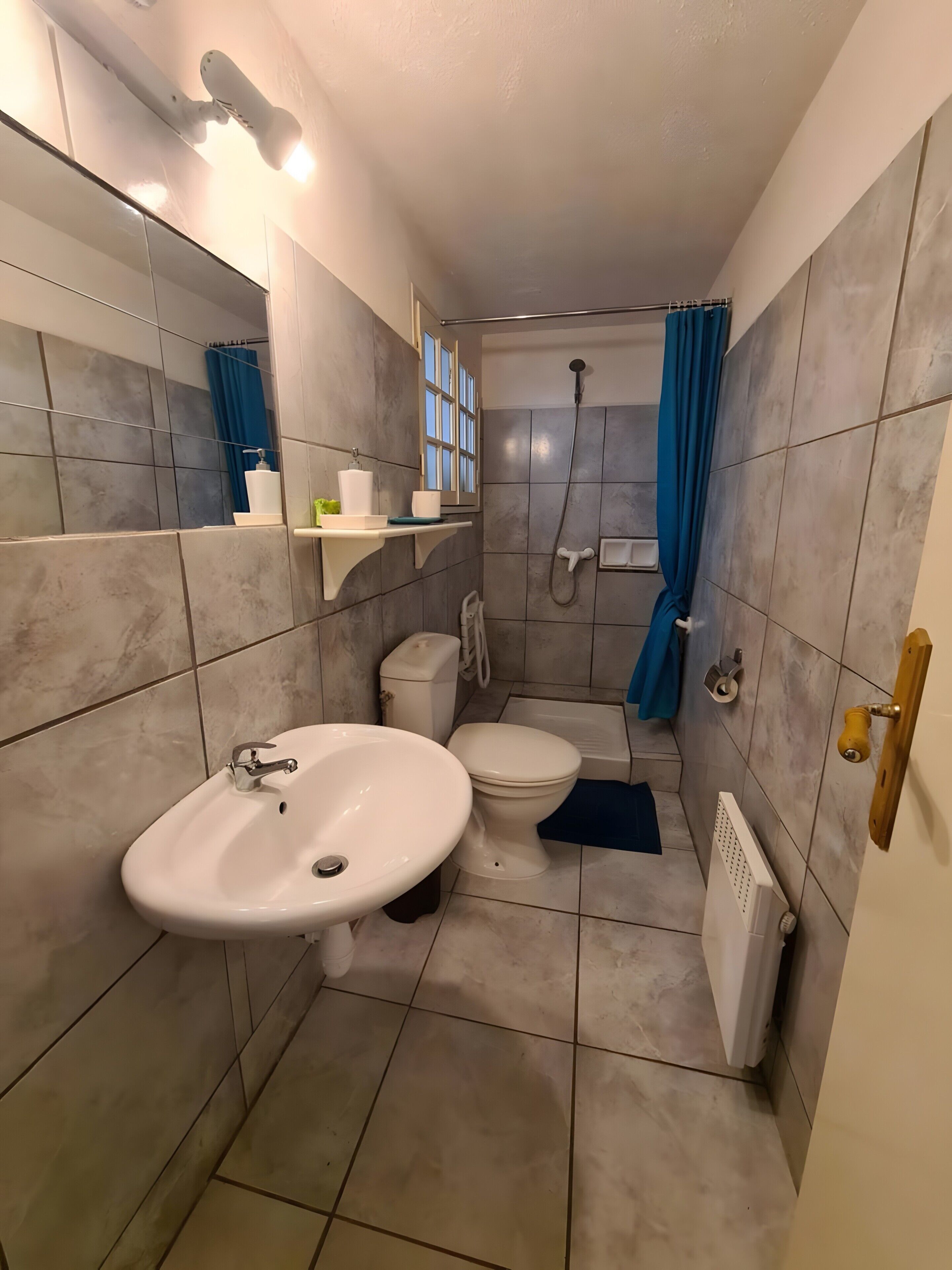 A bathroom with a sink, toilet, shower, and a mirror.