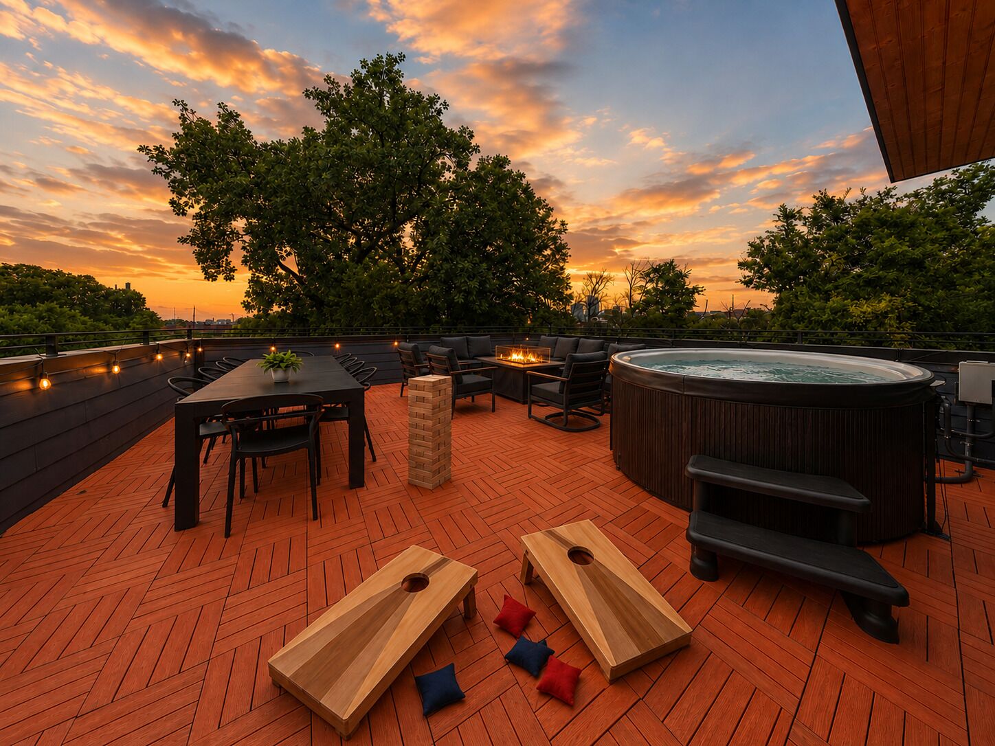 A rooftop patio with a hot tub, seating area, and a wooden game table.
