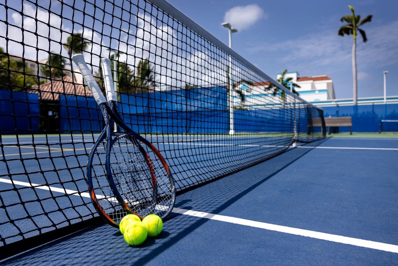 Una cancha de tenis con una red, raquetas y pelotas.