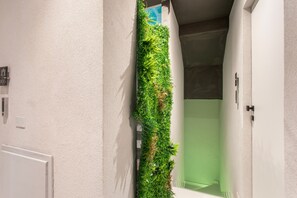 A hallway with a vertical garden wall, a door, and a green-tinted room. - Bed and Breakfast 'Vicolo Del Fortino - Camera 104' with Balcony, Wi-Fi and Air Conditioning (Catania)