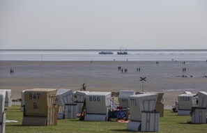 Beachside accommodation with numbered tents and a view of the sea. - Apartment Amrumbank Terrace with Private Garden, Terrace, and Wi-Fi (Büsum)