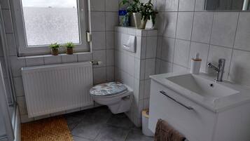 Shower, hair dryer, towels
