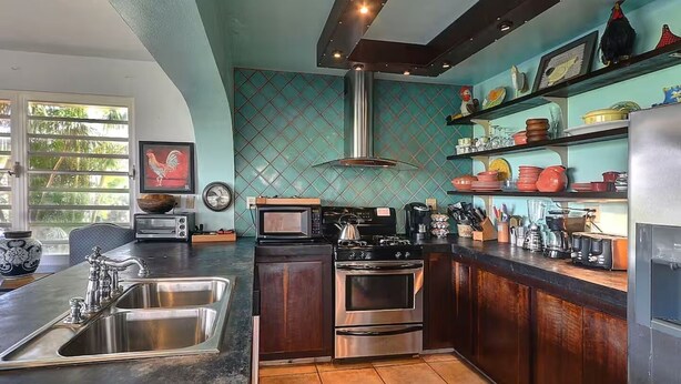 Een moderne keuken met een RVS spoelbak, een fornuis en een magnetron.