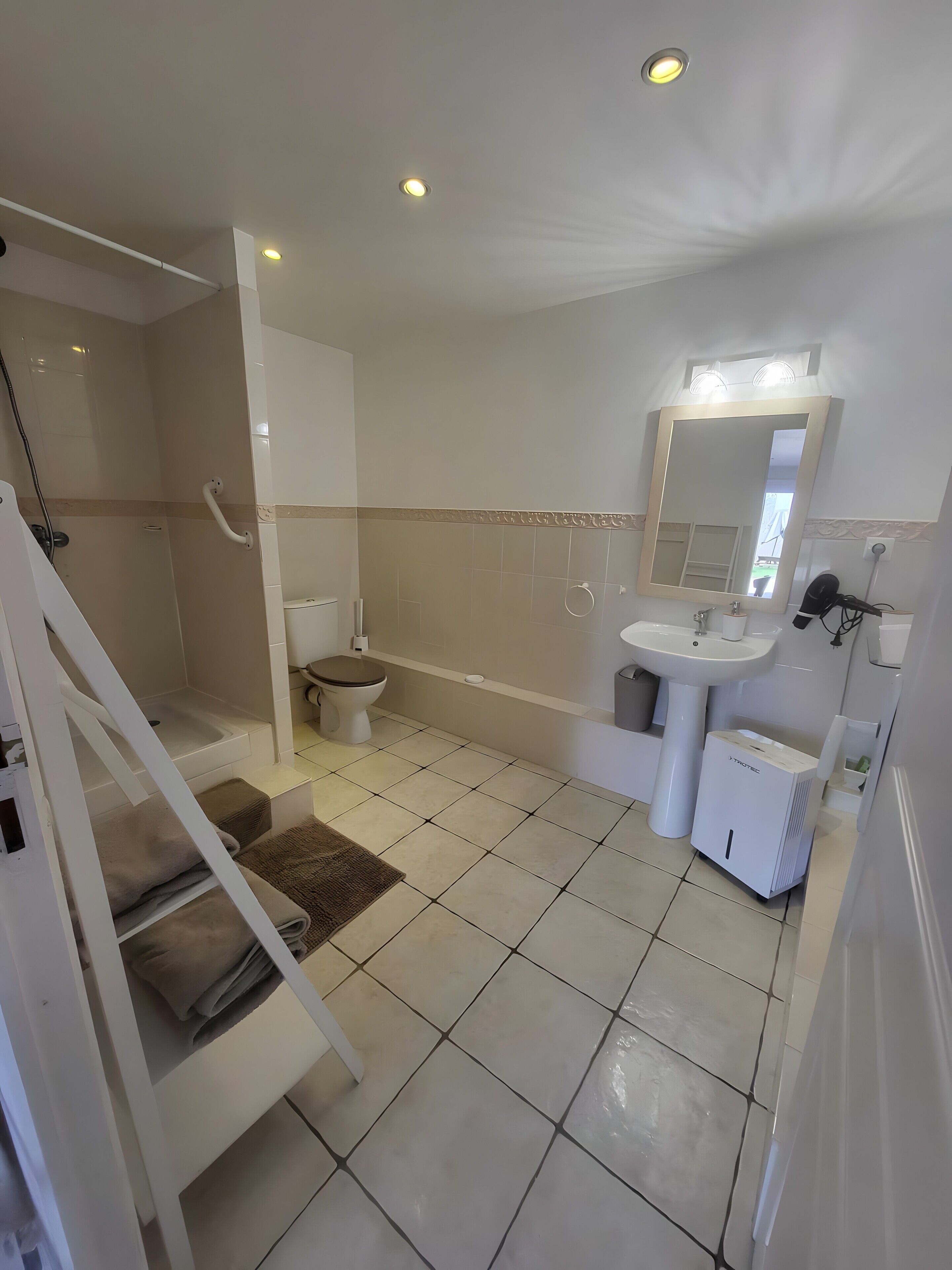 A bathroom with a toilet, sink, shower, and a mirror.