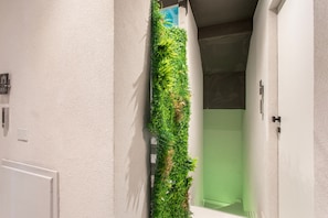 A hallway with a vertical garden wall, a door, and a green-tinted room. - Bed and Breakfast 'Vicolo Del Fortino - Camera 103' with Balcony, Wi-Fi and Air Conditioning (Catania)