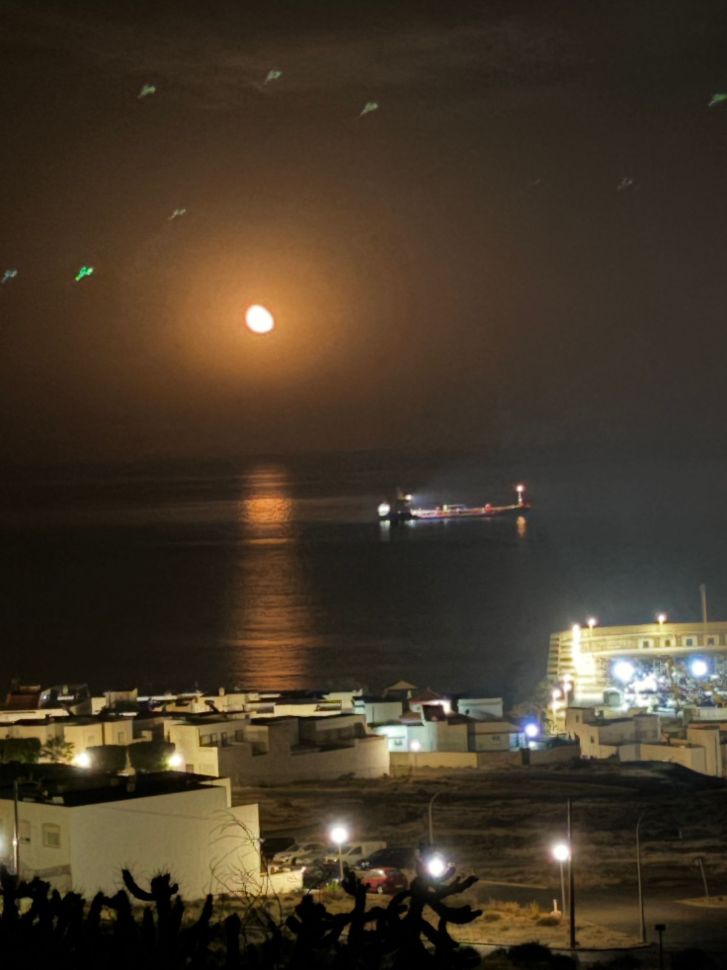 Vista costera nocturna con una luna destacada, un barco distante y edificios iluminados.