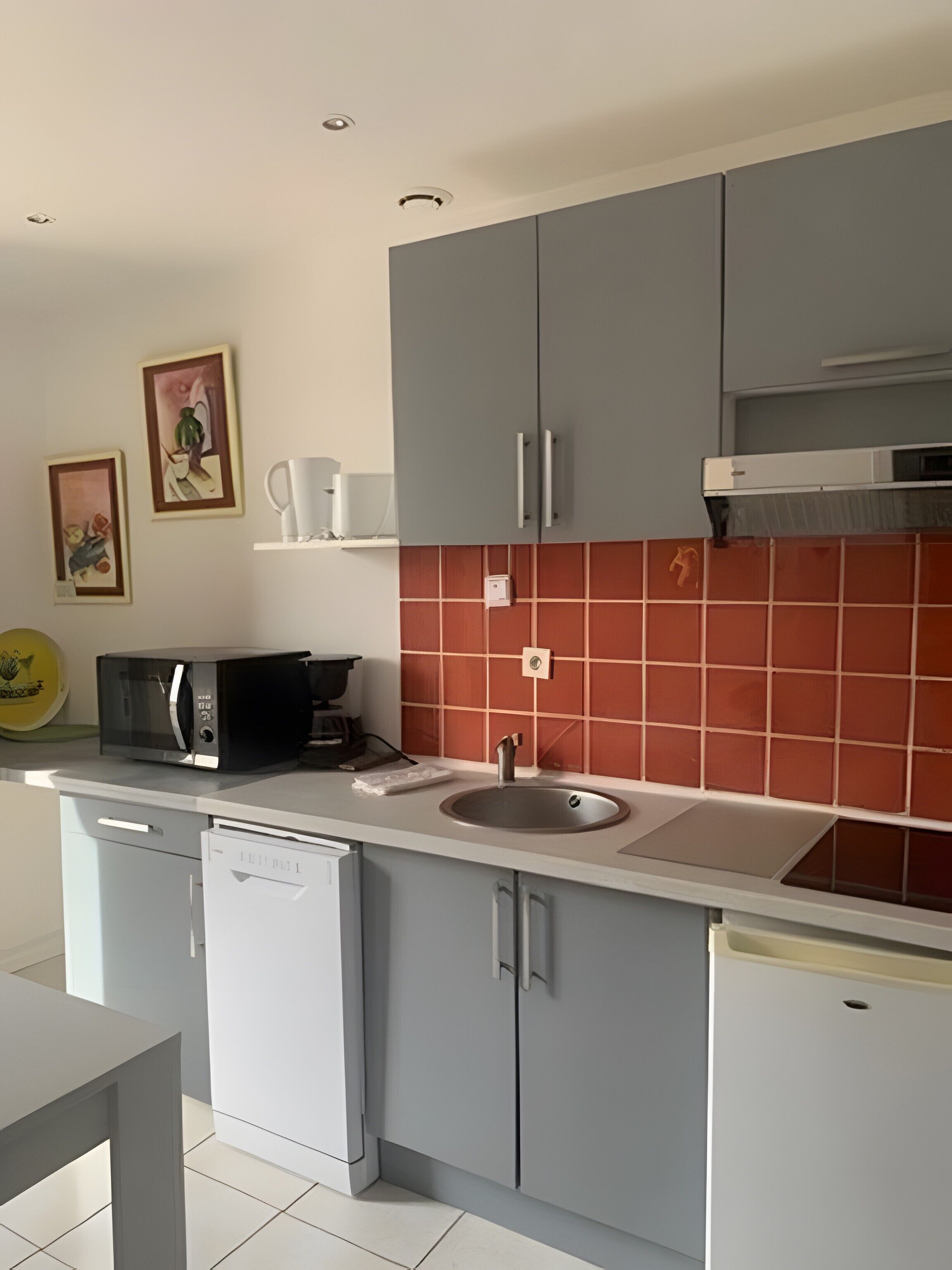 Una cocina moderna con armarios grises, salpicadero de baldosas rojas, un microondas y un lavabo.