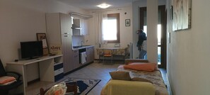 A compact living space with a kitchenette, a dining area, and a sofa.