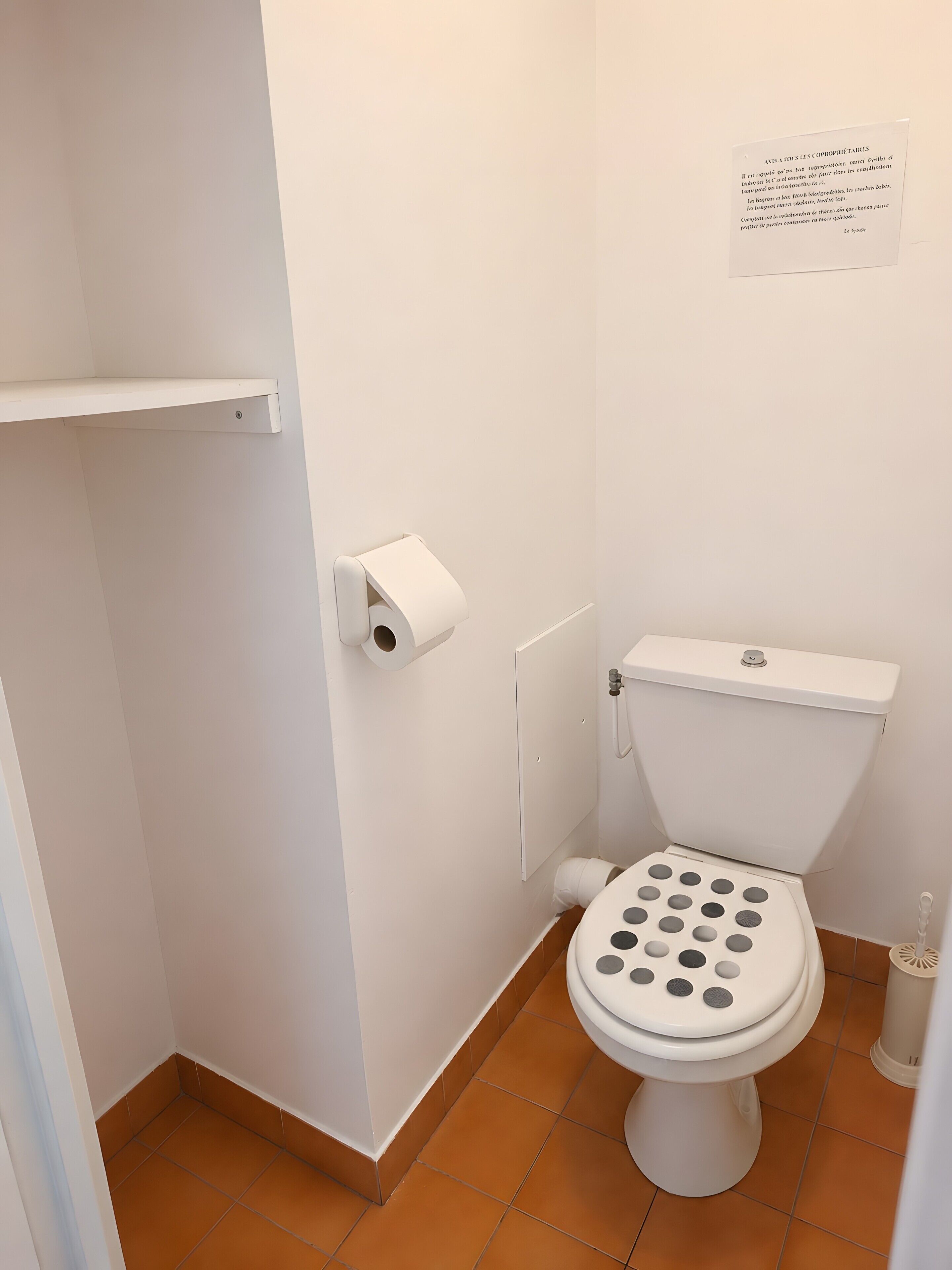 Een kleine, schone badkamer met een toilet, een rol toiletpapier en een bord aan de muur.