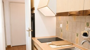 Une cuisine dotée d’un évier en acier inoxydable, d’une plaque de cuisson à induction noire et de meubles de rangement en bois.
