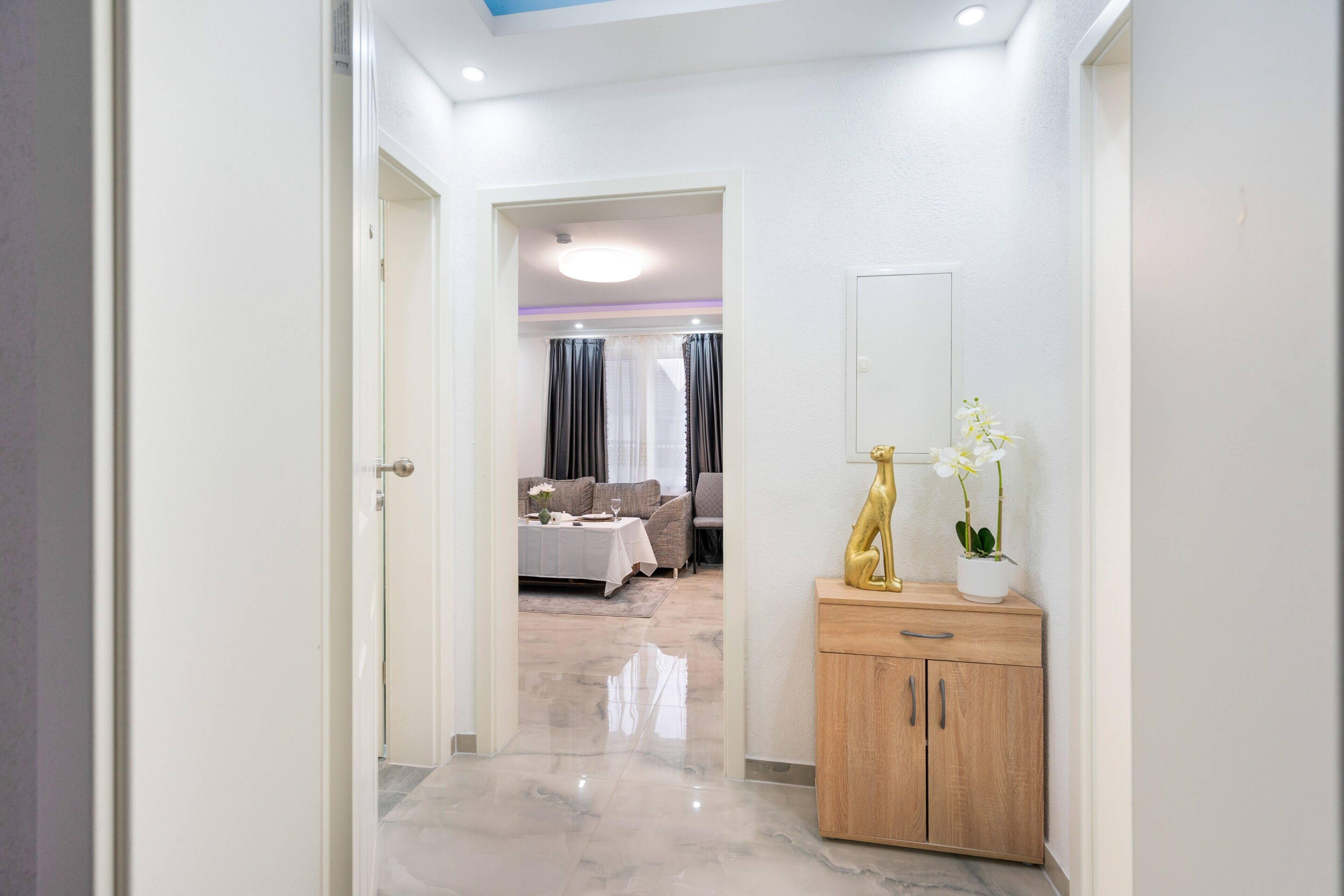 A hallway leading to a living room with a sofa, a coffee table, and a cabinet with decorative items.