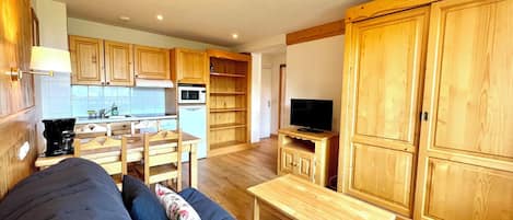 A compact living space with a kitchenette, a sofa, a television, and wooden cabinets.