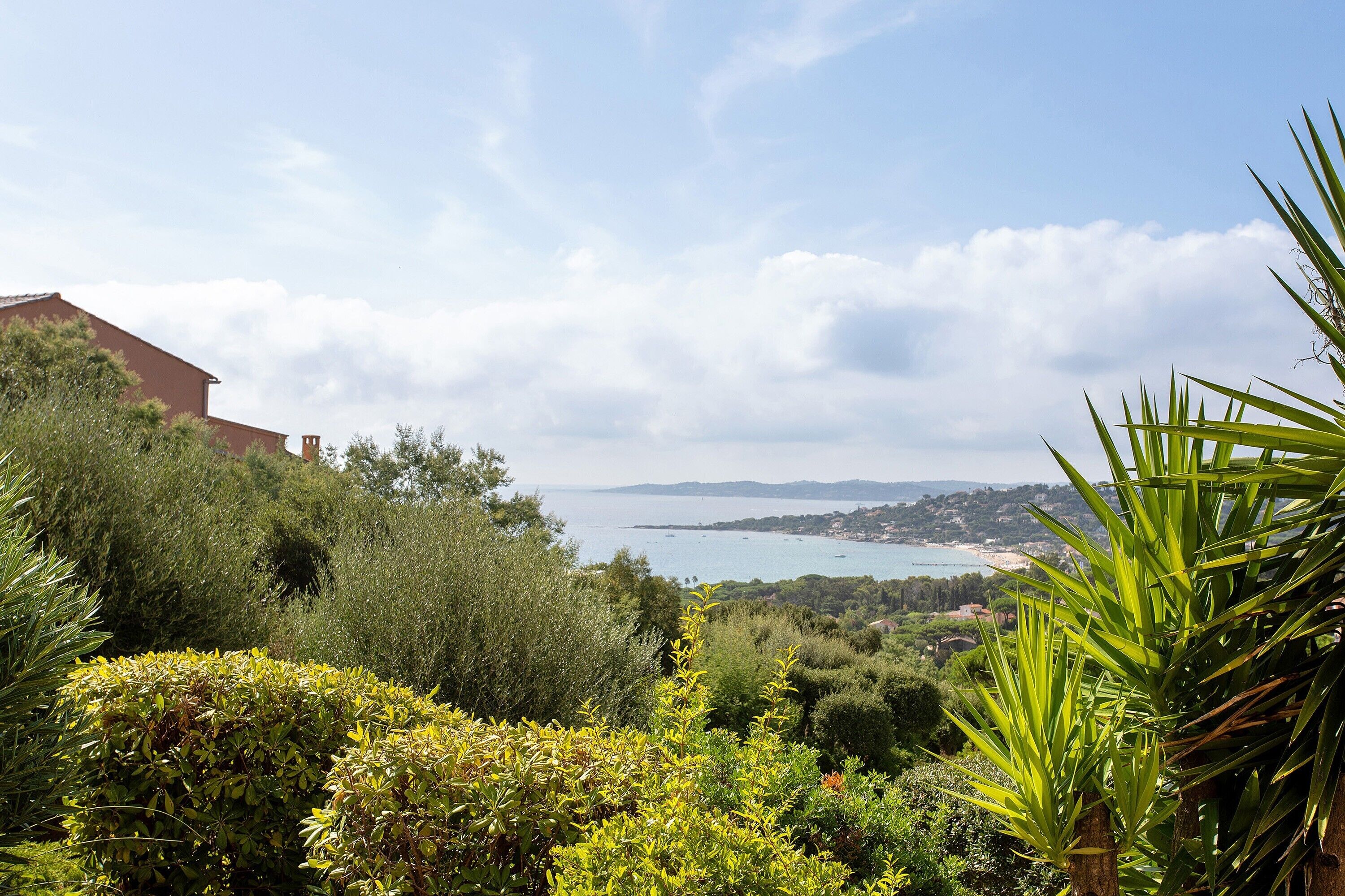 Un paysage côtier offrant une vue sur la mer, avec un bâtiment et une végétation luxuriante.