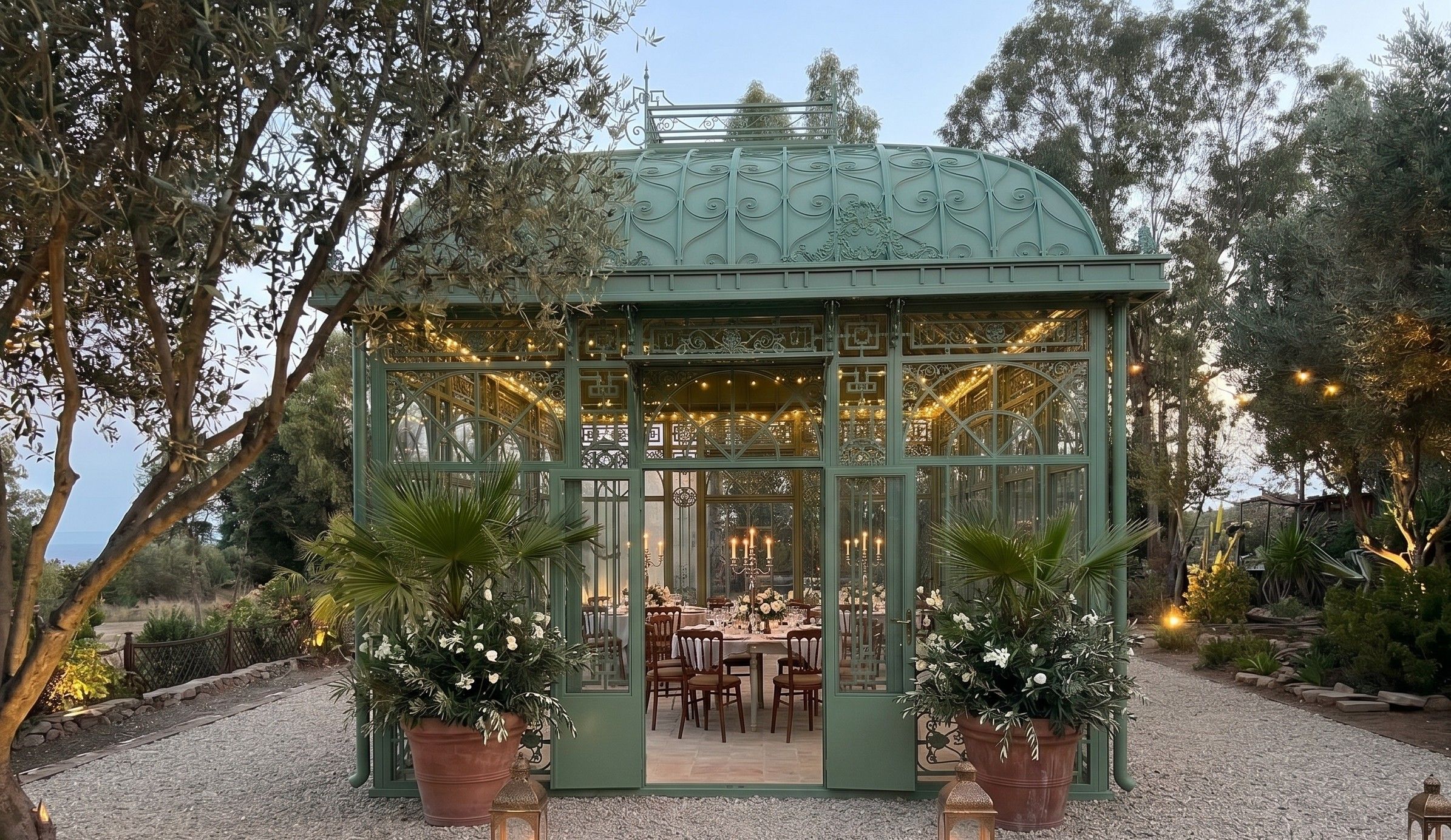A greenhouse structure with a dining area inside, surrounded by plants and trees.