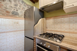 A kitchen with a stone wall, tiled backsplash, stainless steel appliances, and a gas stove. - Podere del Convento – House with Garden and Tuscan Views (Massa e Cozzile)