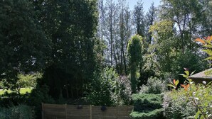 A well-maintained garden with a lawn, various shrubs, and flowering plants.