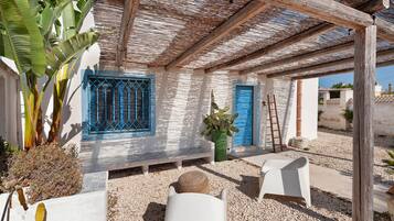 Ein überdachter Außenbereich mit einer Pergola, einer weißen Wand mit blauen Türen und einer Kakteenpflanze.