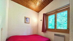 A small room with a single bed, a window with a view of trees, and a wall-mounted heater. - Ski-in/ski-out apartment with balcony in Combloux (Combloux)