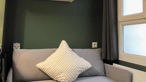 A room with a grey sofa, a white textured pillow, a wooden cabinet above, and a window with curtains. - Cozy Studio in Central Paris (16m²) (Paris)
