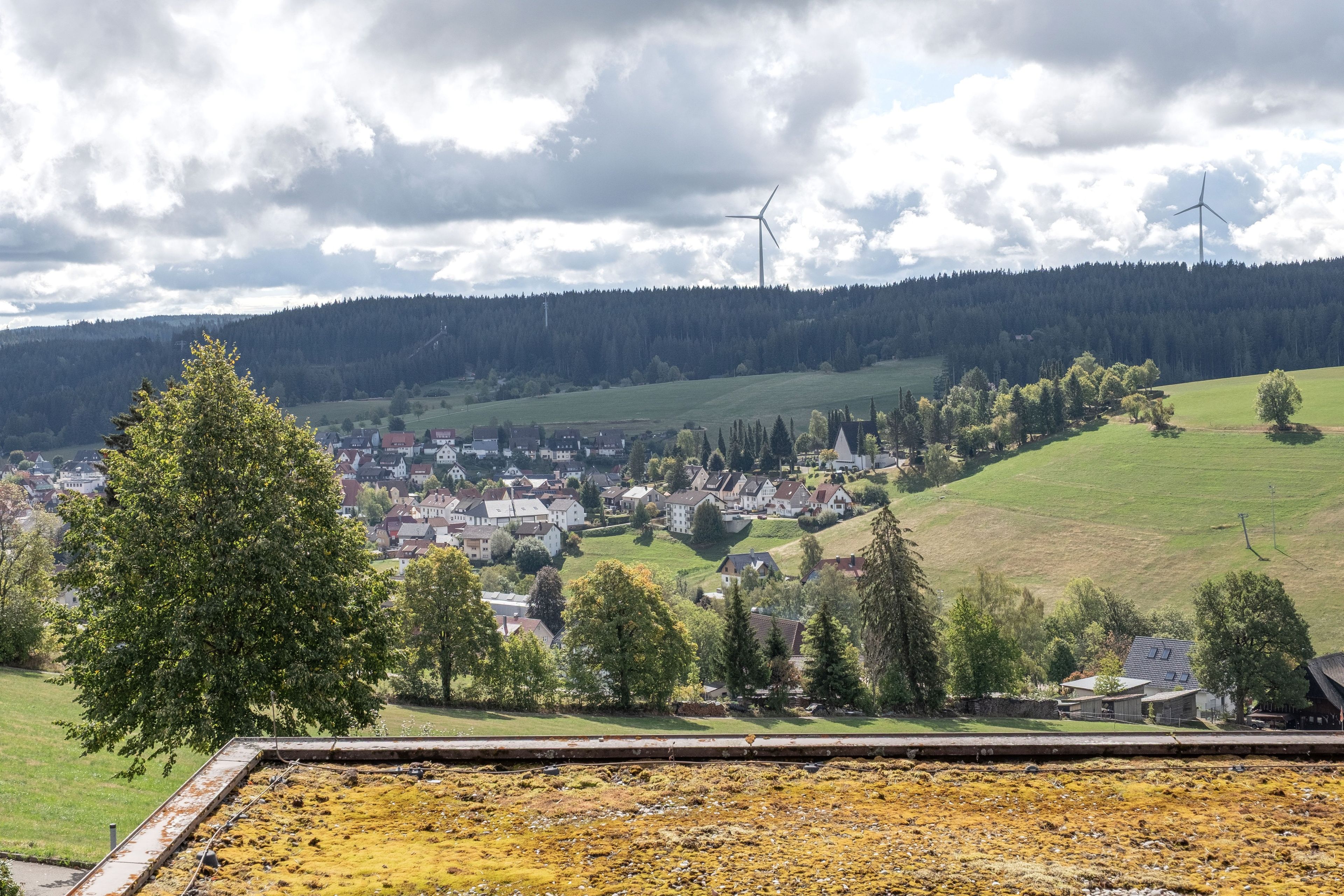A town with houses, a forested hill, and wind turbines in the background.