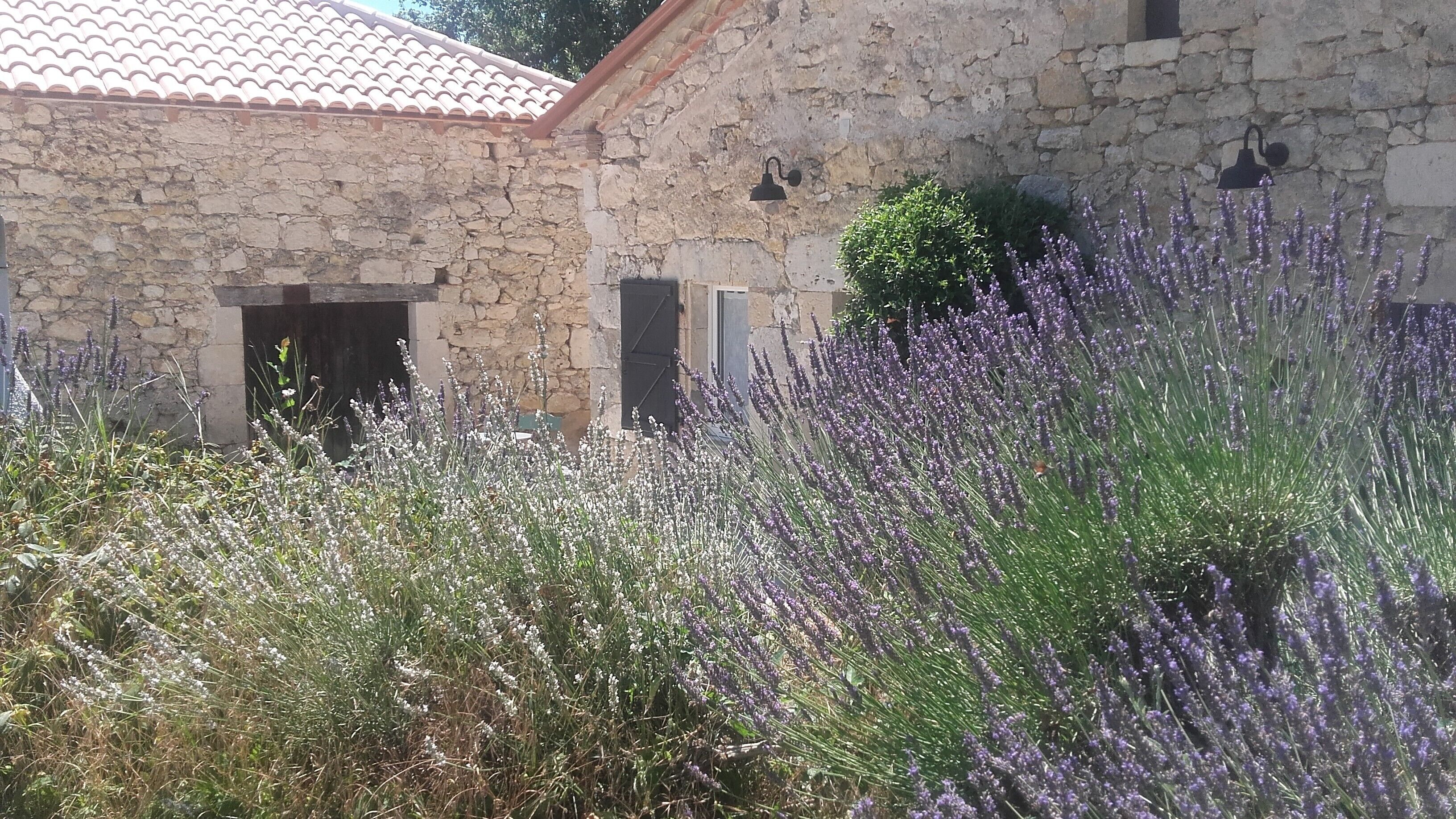 A stone building with a tiled roof, a door, and a window.