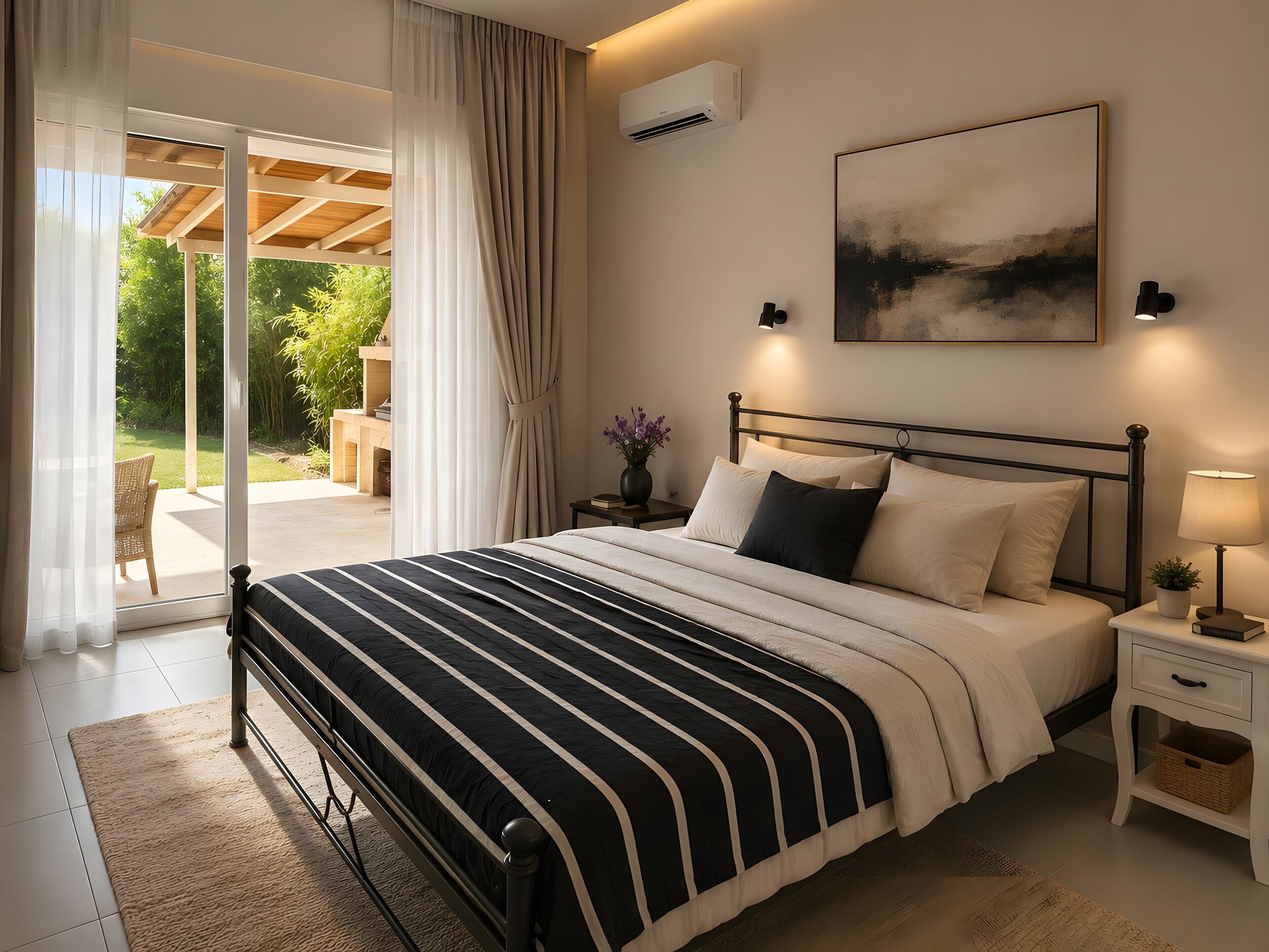 A bedroom with a bed, a nightstand, a lamp, a wall-mounted air conditioner, and a sliding glass door leading to an outdoor area.