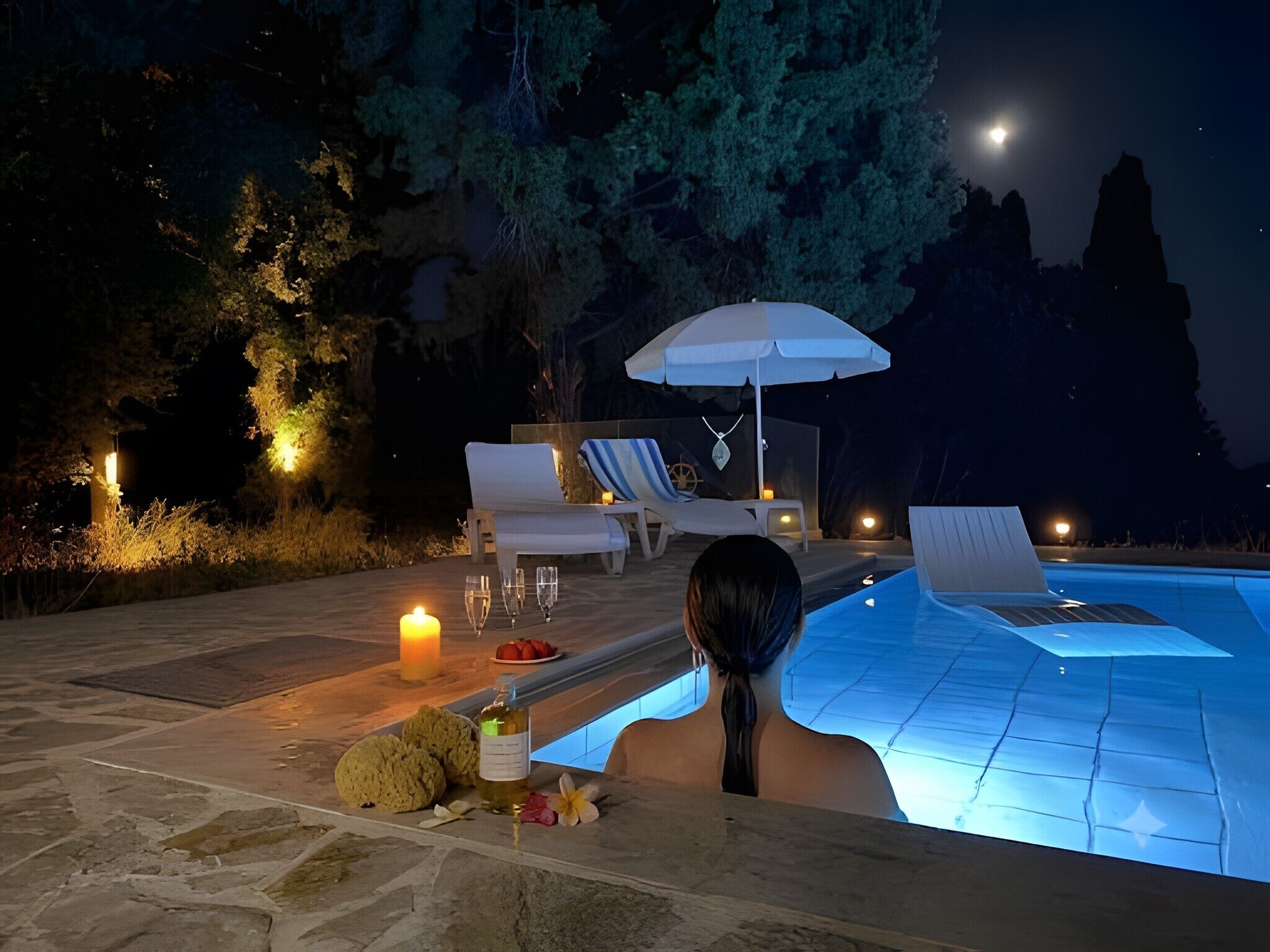A poolside area with a lounge chair, a table with a candle, and a bottle of wine.