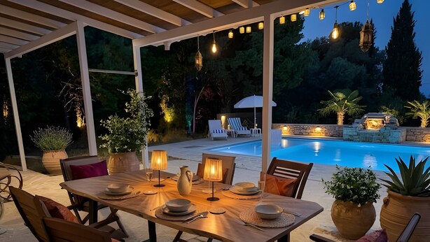Outdoor dining - Cottage 'Blue Green Villa' with Sea View, Private Pool and Wi-Fi (Agios Markos)