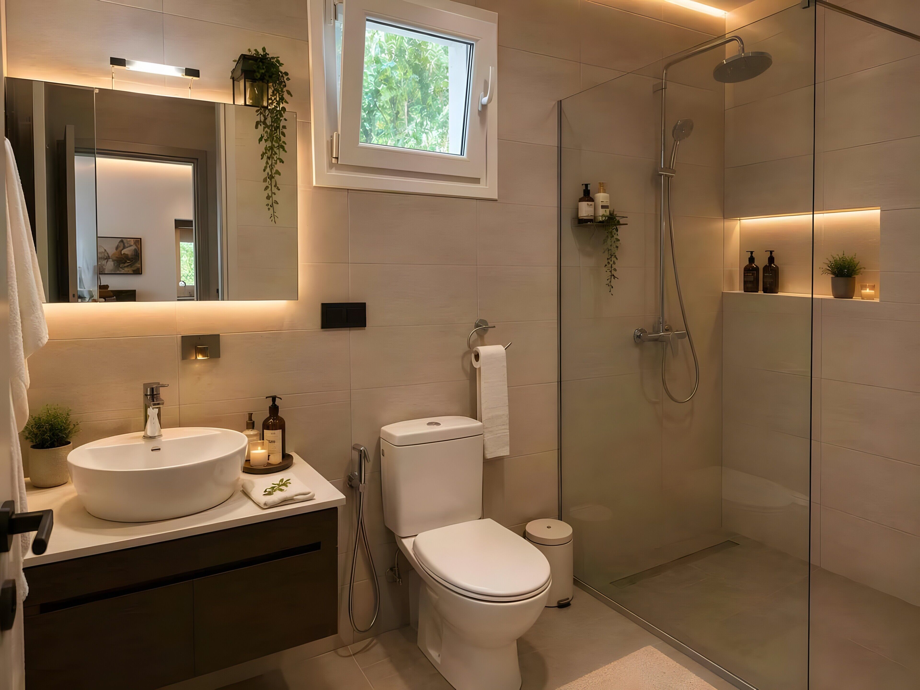 A modern bathroom with a glass-enclosed shower, a white sink, and a toilet.