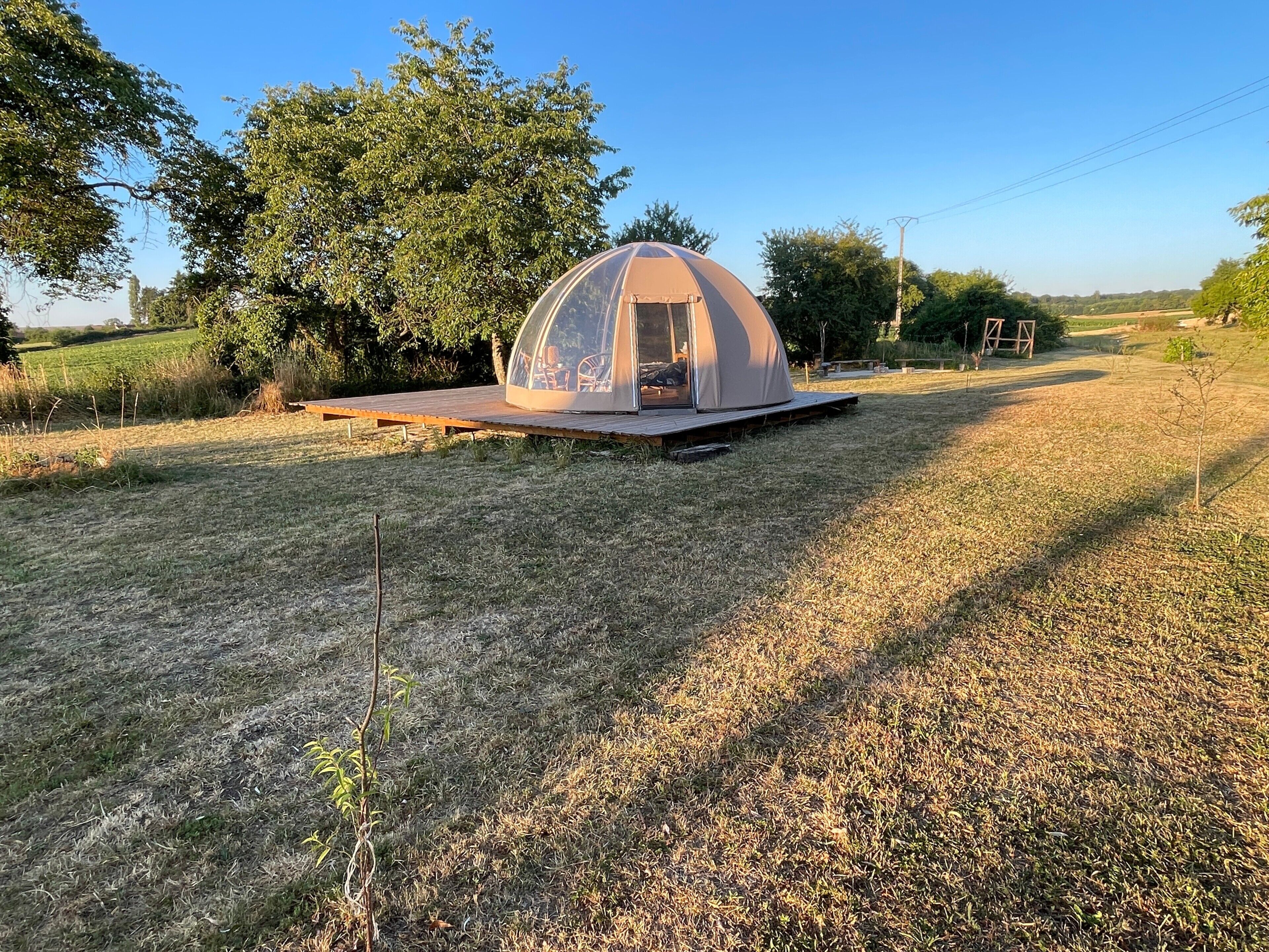 Une structure en forme de dôme, dotée d’un toit transparent, située sur un champ herbeux avec des arbres en arrière-plan.
