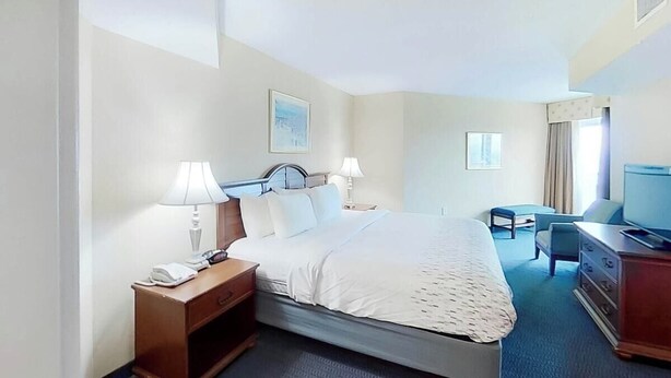 Una habitación de hotel con cama, mesitas de noche, escritorio, silla, televisor y ventana.
