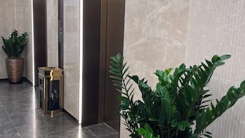 A modern elevator area with a digital display, a reception desk, and potted plants.