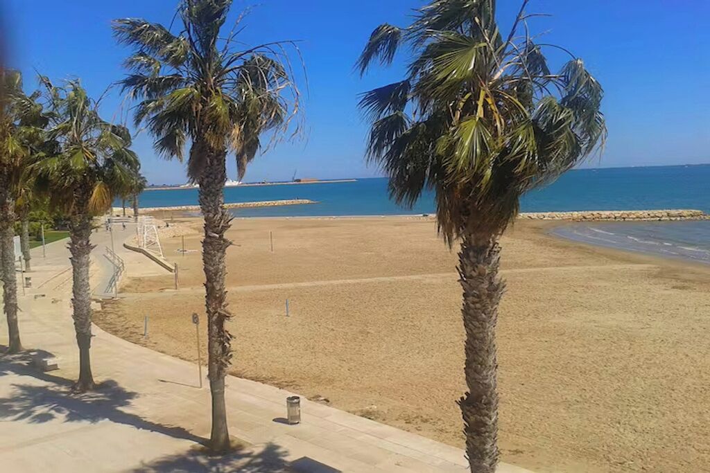 A beach with palm trees and a clear sky.