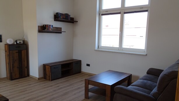 A living room with a wooden floor, a sofa, a coffee table, a TV stand, and shelves with books. - Family-Friendly Vacation Rental (65 m²) Near the Vessertal Nature Reserve (Schleusingen)