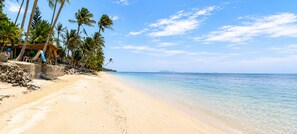 A beach with clear water, palm trees, and a small building on the left. - private villa 4bedroom 5 bathrooms ,private pool,  beach just a 1-minute to walk (Surat Thani)