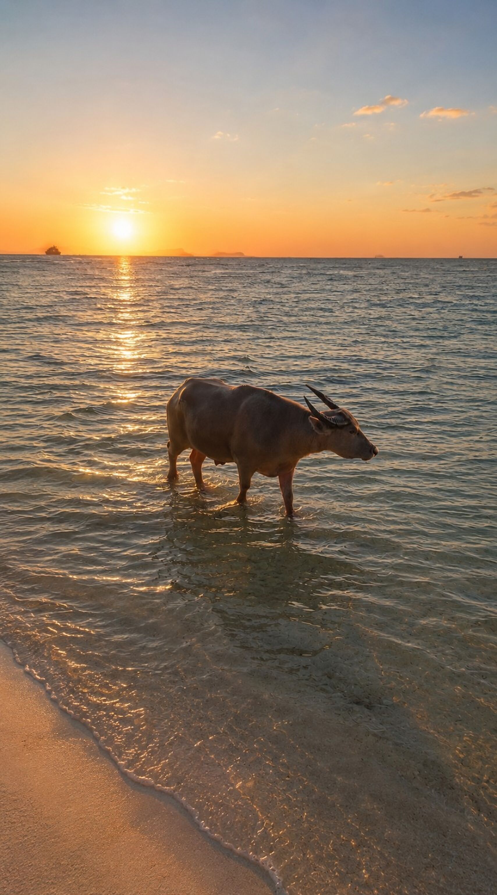 A bull standing in shallow water at sunset with a ship in the background.