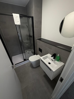 Une salle de bain moderne avec une douche à parois de verre, des toilettes blanches et un lavabo blanc avec un miroir au-dessus.