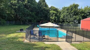 A backyard with a swimming pool, a covered patio area, and a fenced enclosure.