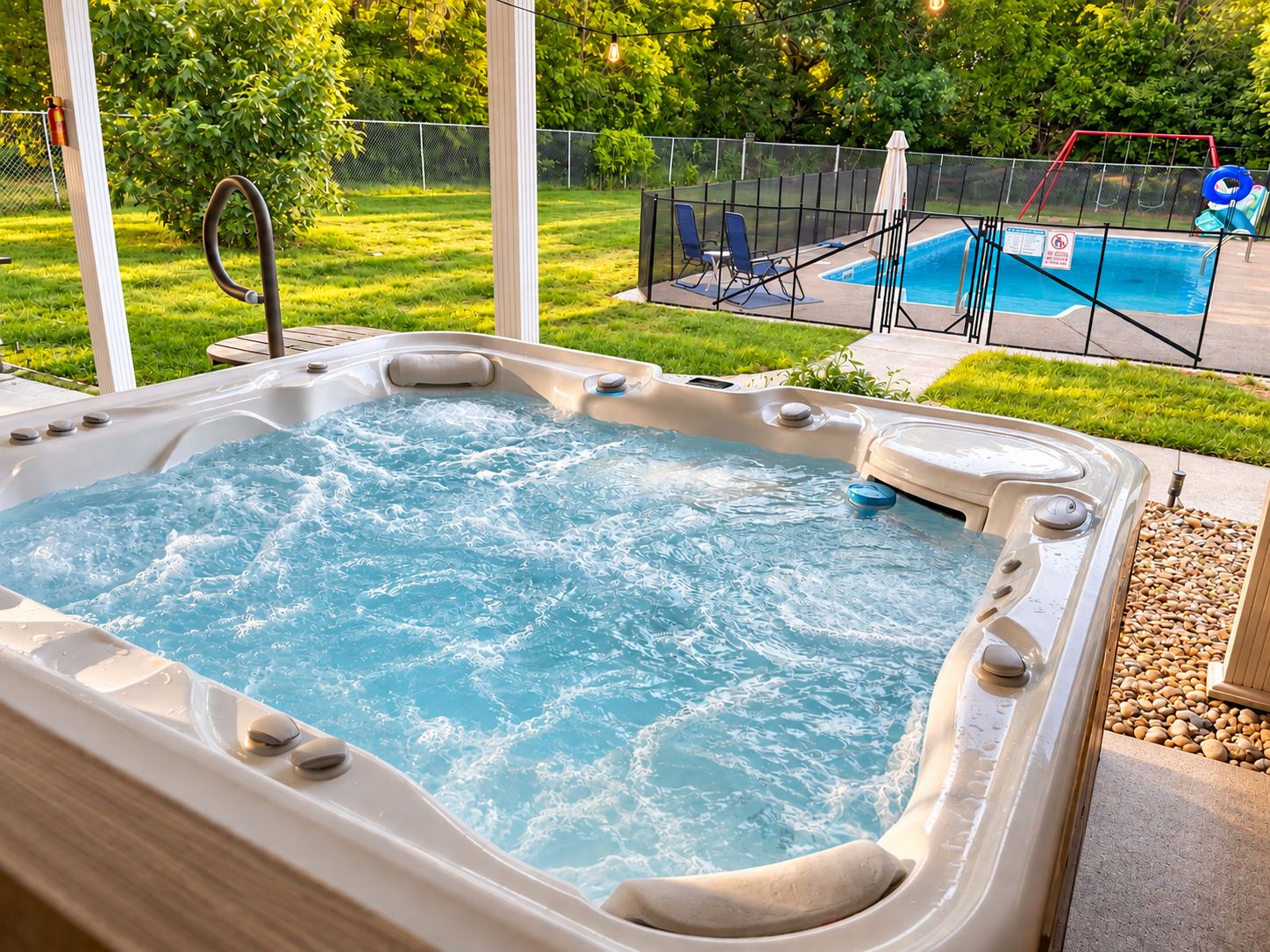 Jacuzzi con piscina al fondo, rodeado por una zona vallada con sillas y un tobogán.