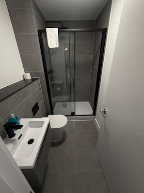 Une salle de bain moderne équipée d’une douche, de toilettes et d’un lavabo.
